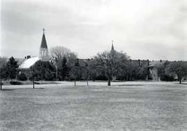 Holy Rosary Mission Church and dormitory on the Pine Ridge Reservation, 1954