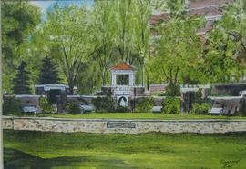 Watercolor painting of Coolidge Sylvan Theatre on the campus of South Dakota State University