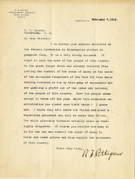 Letter: R.F. Pettigrew to H.L. Loucks, February 7, 1916