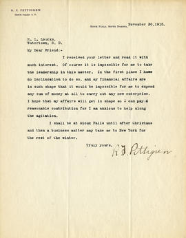 Letter: R.F. Pettigrew to H.L. Loucks, November 30, 1915