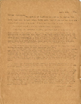 Letter: H.L. Loucks to R.F. Pettigrew, April 6, 1916