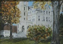Watercolor painting of Old North on the campus of South Dakota State University