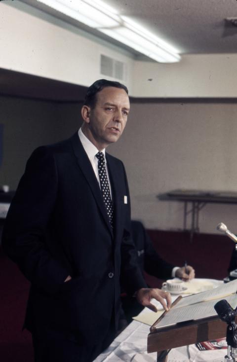 Frank Denholm speaking at an event during his 1968 campaign