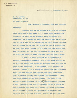 Letter: R.F. Pettigrew to H.L. Loucks, November 20, 1915