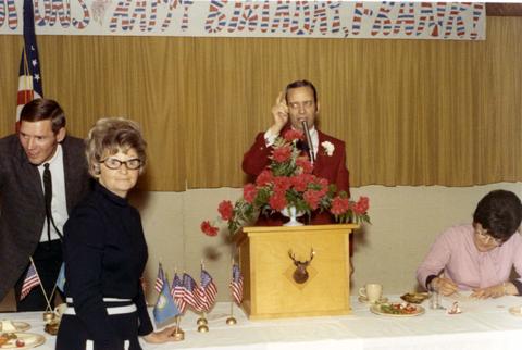 Frank Denholm speaking at a celebration in his honor for winning the Senate race in 1970 and celebrating his birthday