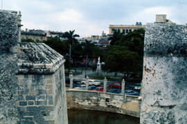View of cars and Old Havana from Fortaleza San Carlos de la Caba