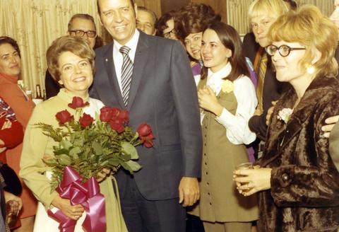 Frank Denholm with his wife Millie at a celebration in his honor for winning the Senate race in 1970 and celebrating his birthday