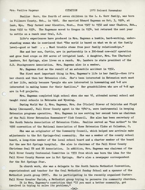 Citation of Pauline Hageman