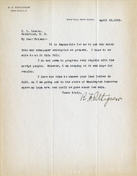 Letter: R.F. Pettigrew to H.L. Loucks, April 22, 1915