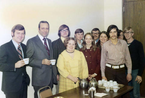 Frank Denholm with constituents in a restaurant.