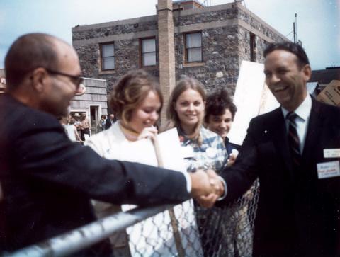 Frank Denholm shaking hands with constituents on the 1968 campaign trail