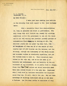Letter: R.F. Pettigrew to H.L. Loucks, February 28, 1916