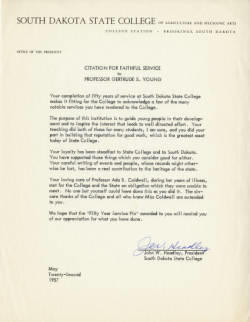 Citation for faithful service to Professor Gertrude S. Young