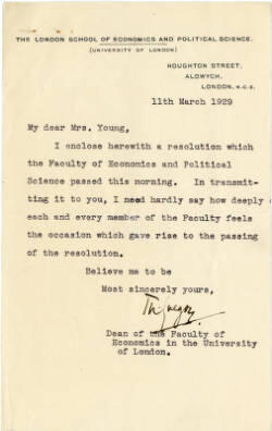 Letter to Gertrude Stickney Young from Dean of the Faculty of Economics in the University of London informing her of a resolution passed by the remaining faculty in response to the death of her husband, Allyn Abbot Young. March 11, 1929.